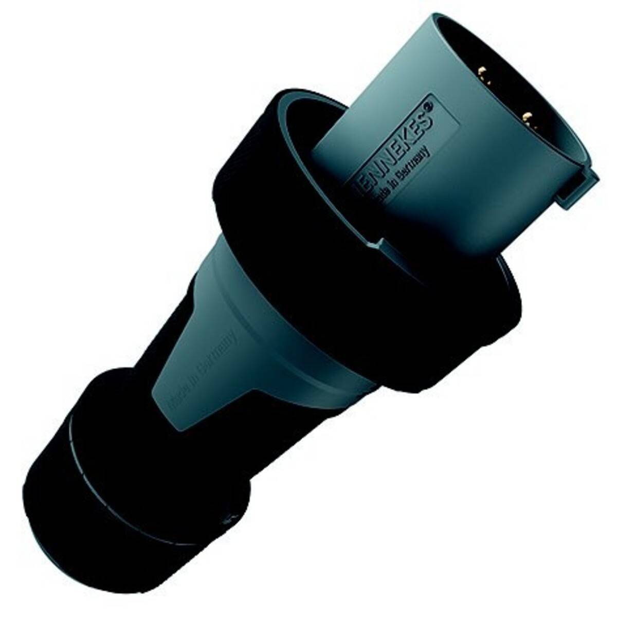 Türkis- und schwarzer zylindrischer Elektrostecker oder Adapter, dargestellt auf weißem Hintergrund.