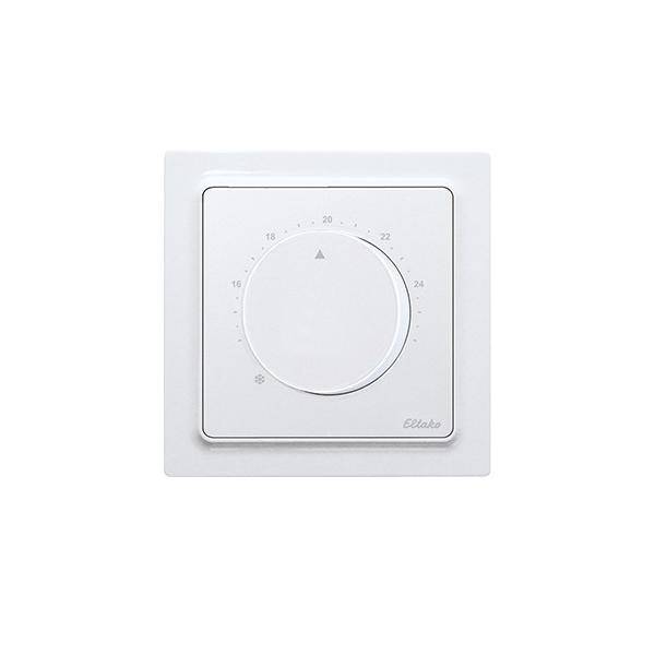 Weißer, wandmontierter Thermostat mit einem kreisrunden Temperaturdrehregler, der von 8 bis 30 Grad markiert ist und zur Klimaregelung in Räumen verwendet wird.