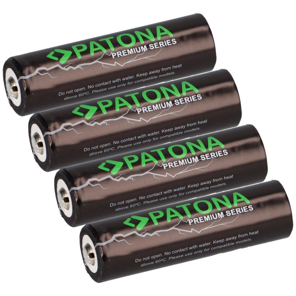 Vier schwarze PATONA Premium Series Batterien diagonal gestapelt auf weißem Hintergrund.