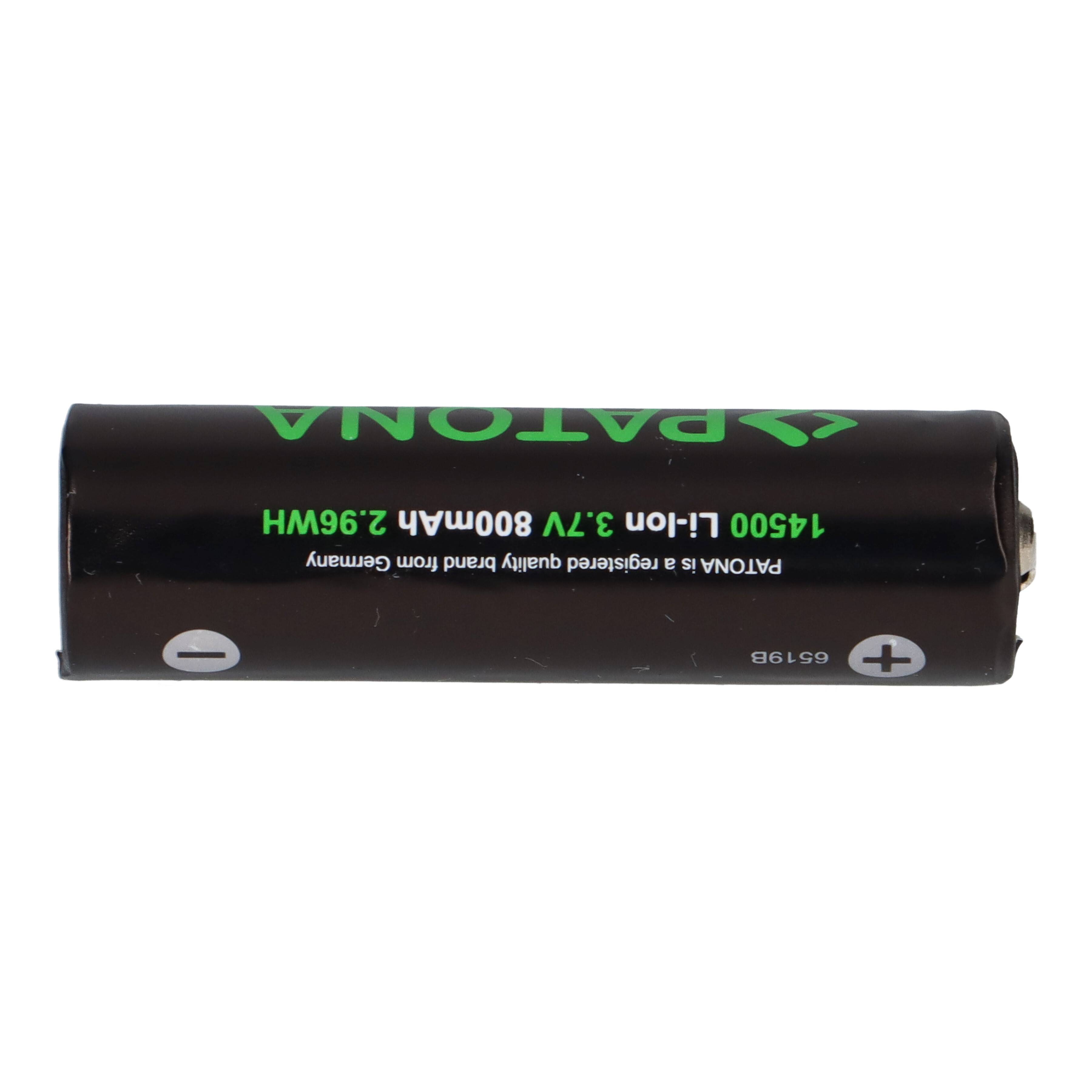 Schwarze Patona Lithium-Ionen-Batterie mit der Bezeichnung 14500, 3,7V, 800mAh, 2,96Wh, horizontal auf weißem Hintergrund dargestellt.