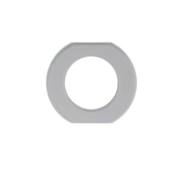 Ein weißer, runder Rahmen mit einer flachen Unterkante auf einem einfarbigen Hintergrund.