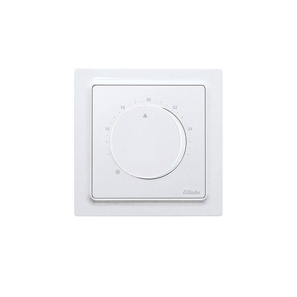 Eine weiße, an der Wand montierte Thermostat mit einem kreisförmigen Wahlschalter, der Temperatureinstellungen von 5 bis 30 Grad Celsius anzeigt.