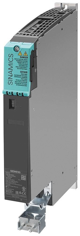 Ein industrielles Gerät mit einer türkis-schwarzen Farbgestaltung, mit der Aufschrift 'Siemens'. Es scheint sich um eine technische Komponente mit elegantem Design zu handeln.