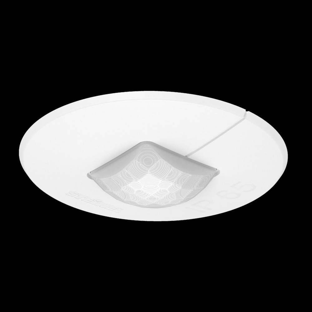 Eine minimalistische weiße Deckenleuchte mit geometrischem Design, bündig an einem schwarzen Hintergrund montiert.