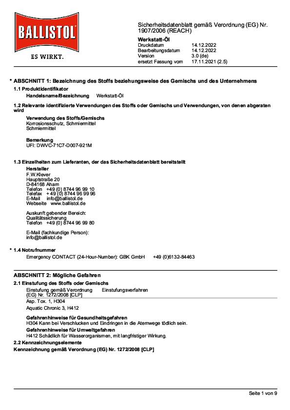 Multi-Werkstattöl 5l Kanister BALLISTOL