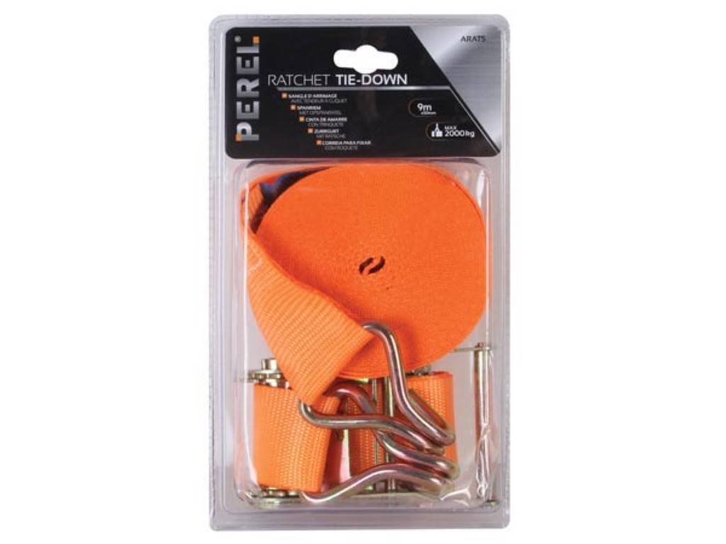Spanngurt mit Ratsche, zweiteilig, Spitzhaken, für etwas schwerere Lasten, max. 1000 kg, Polyester, Orange, 9 m x 50 mm