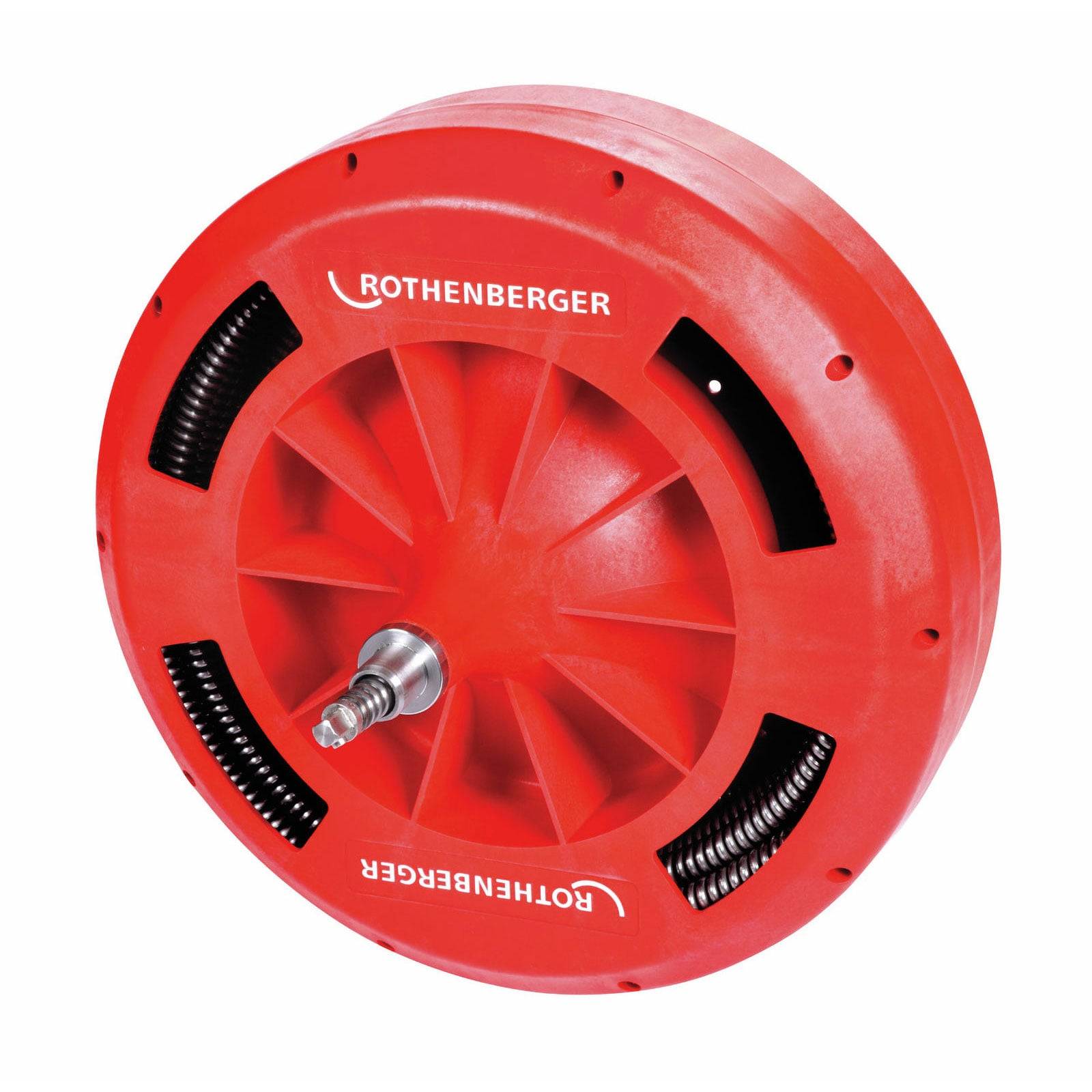 Ein roter kreisförmiger Werkzeug mit schwarzen Lüftungsschlitzen, mit der Aufschrift 'ROTHENBERGER', wahrscheinlich für Klempnerei- oder industrielle Zwecke verwendet.