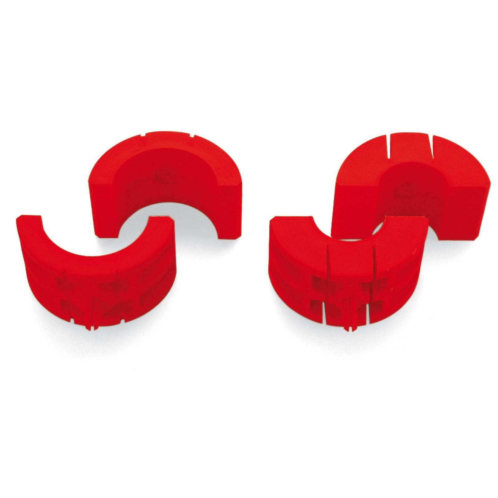 Vier rote, halbkreisförmige Kunststoffkomponenten, die in einem abstrakten Muster auf einem weißen Hintergrund angeordnet sind.