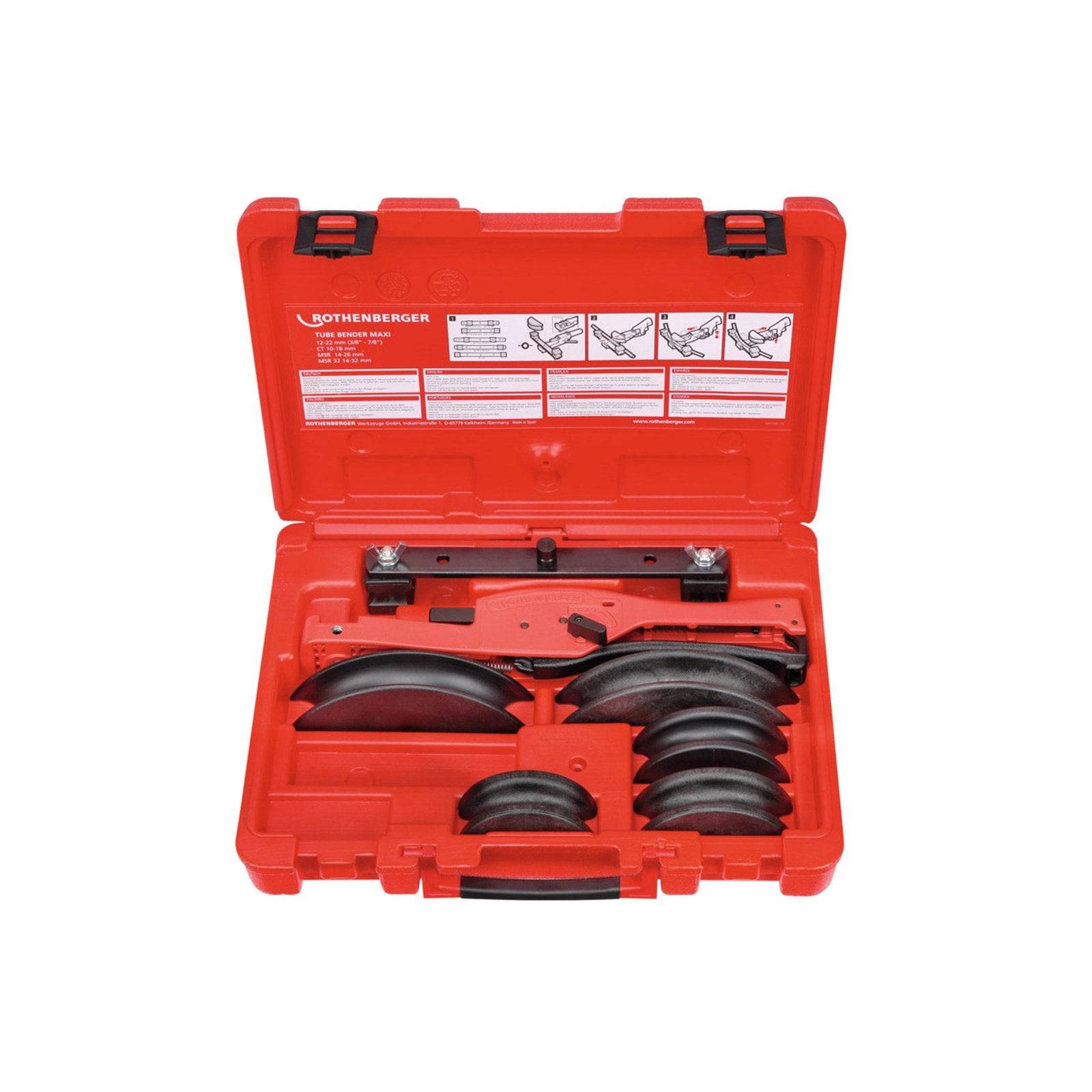 Roter Kunststoff-Werkzeugkoffer mit einem Metallrohrbiegesatz, der verschiedene Größen von Matrizen und Biegearmen enthält, mit Bedienungsanleitung im Deckel.