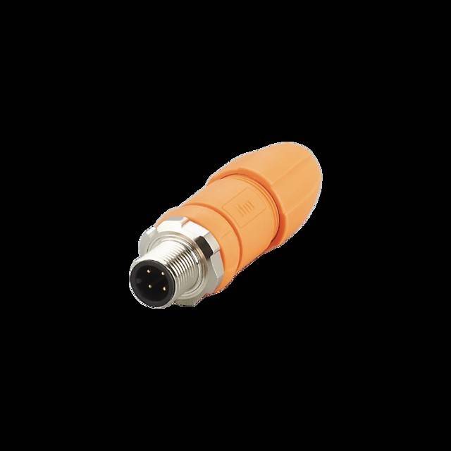 Ein orangefarbener industrieller Steckverbinder mit einer Metallspitze, der mehrere Stifte auf einem schwarzen Hintergrund zeigt.