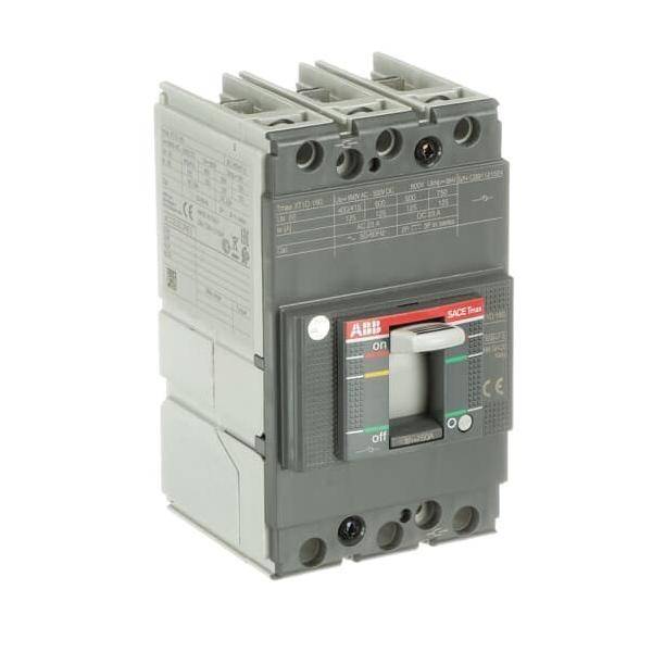 Ein grauer Leistungsschalter mit der Beschriftung 'ABB SACE Tmax', der eine Kippschalterposition mit 'ein' und 'aus' zeigt, der zur elektrischen Schutzschaltung verwendet wird.