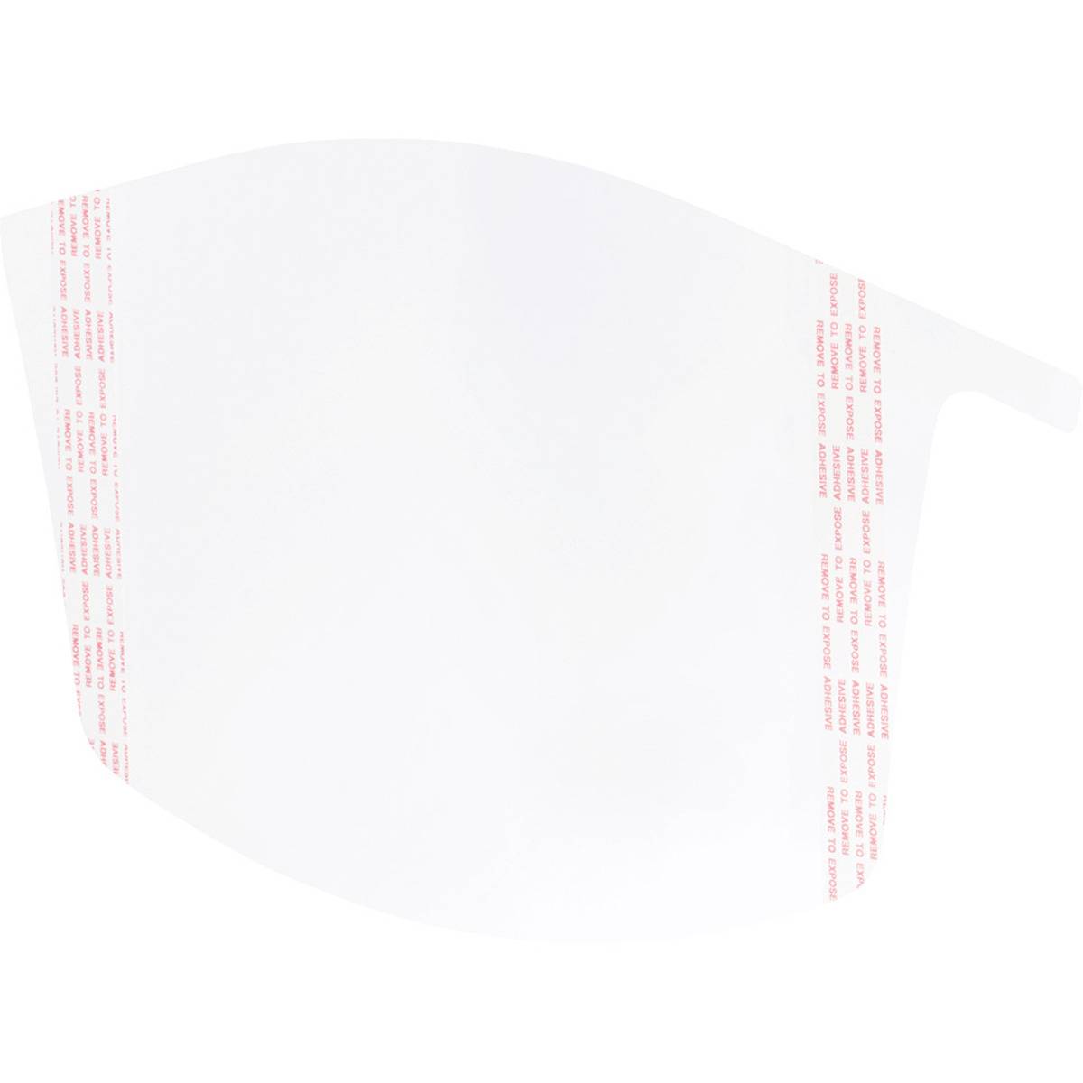 Ein klares Kunststoff-Gesichtsschutzschild mit rotem bedrucktem Text auf jeder Seite, das zum Schutz verwendet wird.