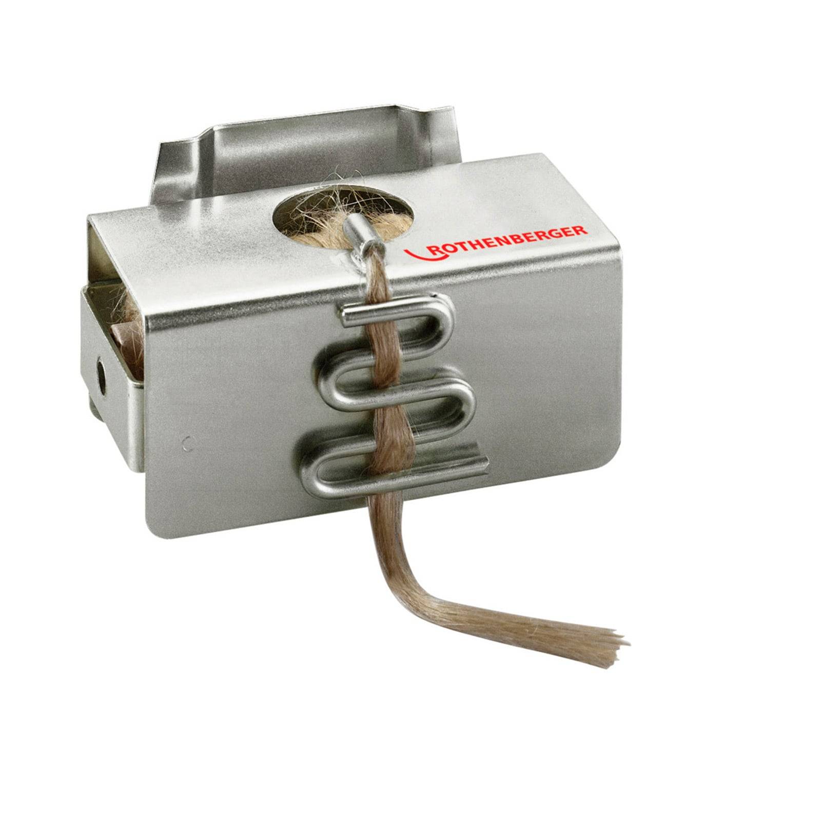 Eine Metallbox mit einer Garnrolle, die teilweise durch eine Führung geführt wird und das Logo 'ROTHENBERGER' trägt.