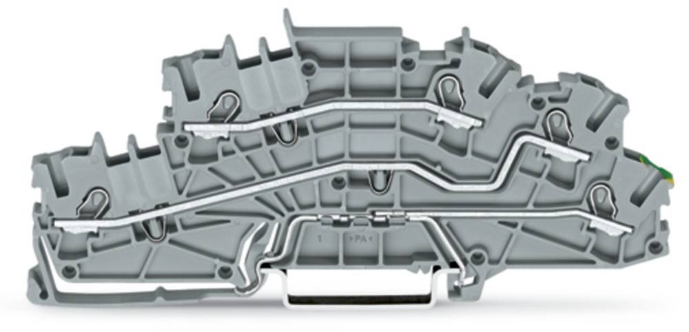 Grauer elektrischer Anschlussklemmenblock mit komplexer interner Metallverbindungsstruktur.
