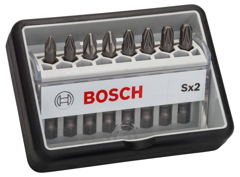 Bosch Sx2 Impact Control Schrauberbitset mit verschiedenen Bittypen, untergebracht in einem kompakten Kunststoffkoffer.