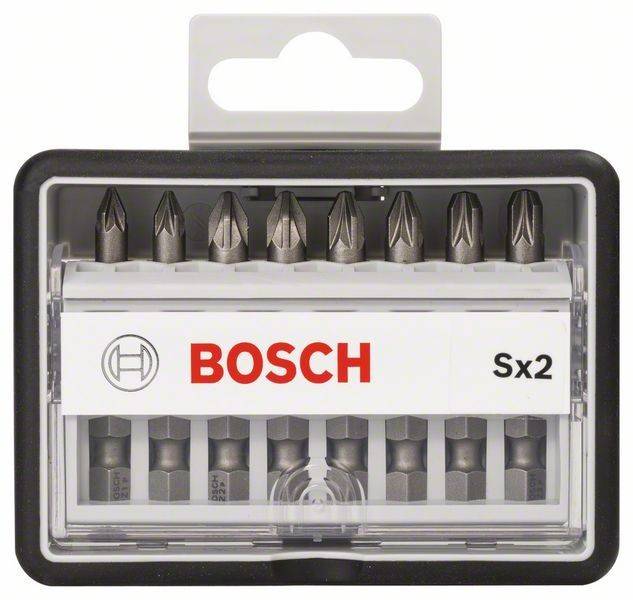 Ein Set von Bosch Sx2-Schraubendrehereinsätzen in einer schwarzen und transparenten Plastikbox, in der verschiedene Bittypen sichtbar sind.