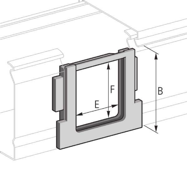 Querschnittsdiagramm eines Kanals mit angeschlossenem rechteckigem Endkasten. Zeigt Abmessungen: E für Breite, F für Höhe, B für Kanalhöhe.