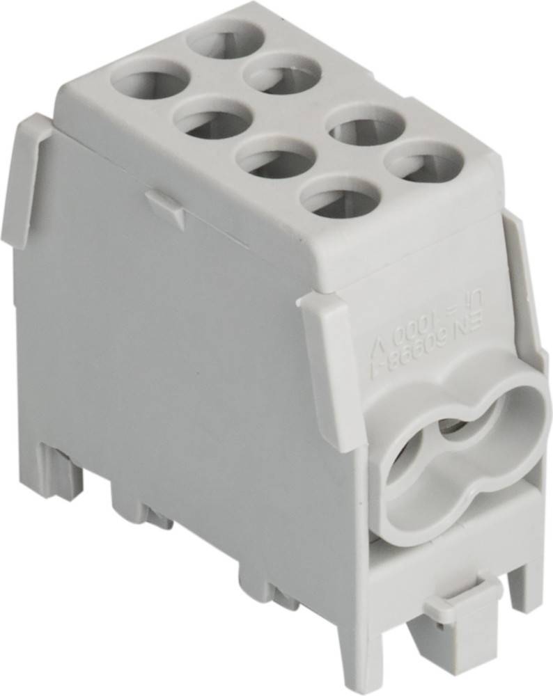 Grauer elektrischer Klemmenblock mit mehreren Anschlusspunkten, konzipiert zum Sichern und Organisieren von elektrischen Leitungen.