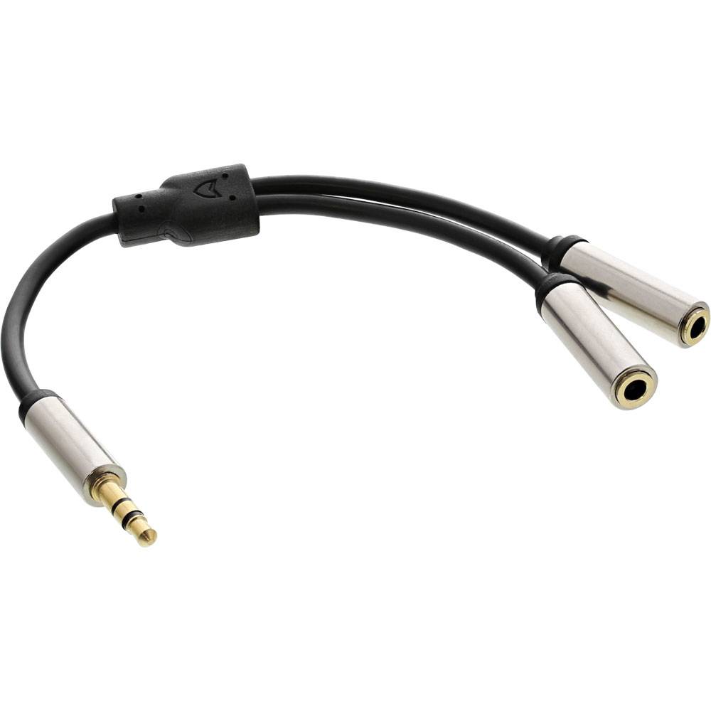 Ein schwarzes Headset-Splitter-Kabel mit einem einzelnen 3,5-mm-Stecker auf der einen Seite und zwei 3,5-mm-Buchsen auf der anderen Seite, das das Teilen von Audio ermöglicht.