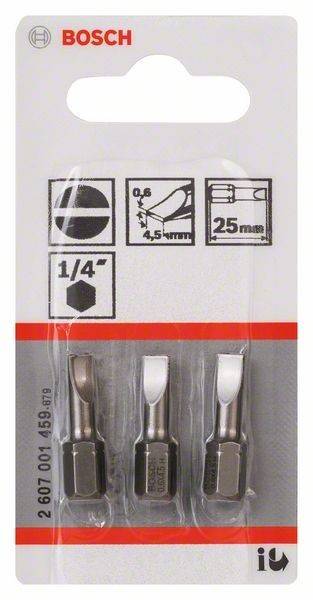 Bohrer-Set-Verpackung; drei Bohrer mit einem 1/4-Zoll-Schaft und 25 mm Länge. Symbole zeigen Größe und Typ. Silber- und Schwarzdesign.