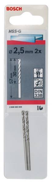 Zwei Bohrerspitzen in Verpackung, gekennzeichnet mit '57 mm' und '30 mm' Abmessungen, für Metallbearbeitung. DIN 338 Standard, konzipiert für präzises Bohren.