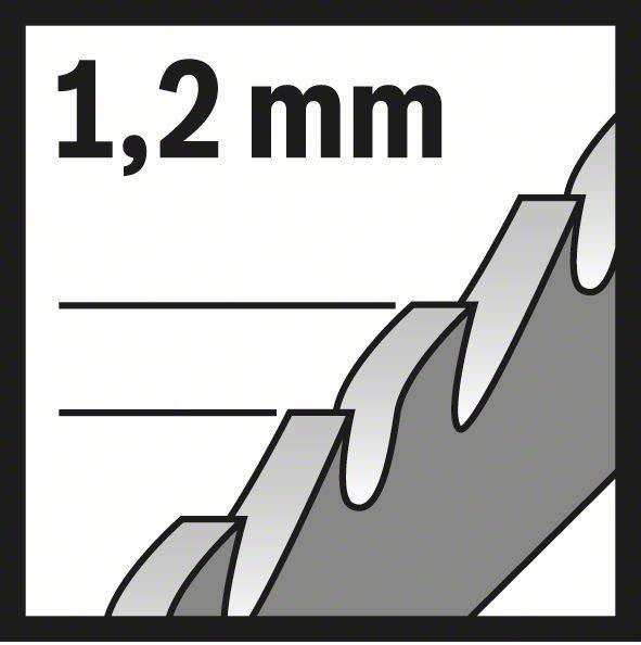 Darstellung einer Sägeklinge mit Zähnen, beschriftet mit '1,2 mm', die die Klingenstärke anzeigt.