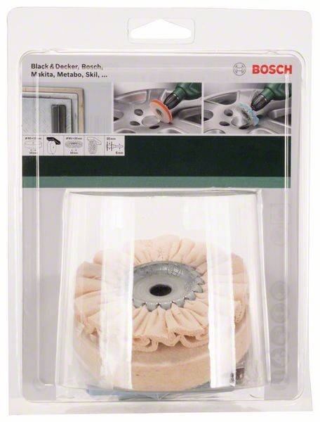 Eine Bosch-Polierhaube, verpackt in Plastik. Die Verpackung zeigt Gebrauchsanweisungen mit Bildern, die Metall zeigen, das von der Haube poliert wird.