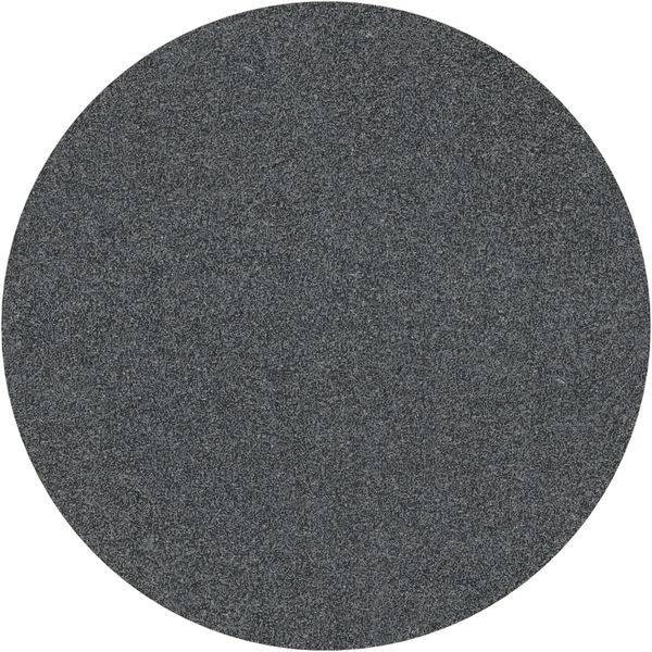 Ein kreisförmiges Stück dunkelgrauen Schleifpapiers mit einer rauen Textur, das zum Schleifen oder Glätten von Oberflächen verwendet wird.