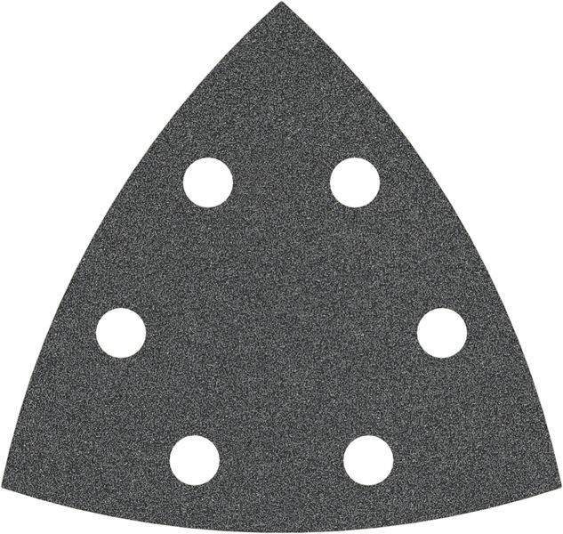 Ein dreieckiges schwarzes Schleifkissen mit sechs gleichmäßig in zwei Reihen verteilten Rundlöchern, das für einen Maus-Deltaschleifer verwendet wird.
