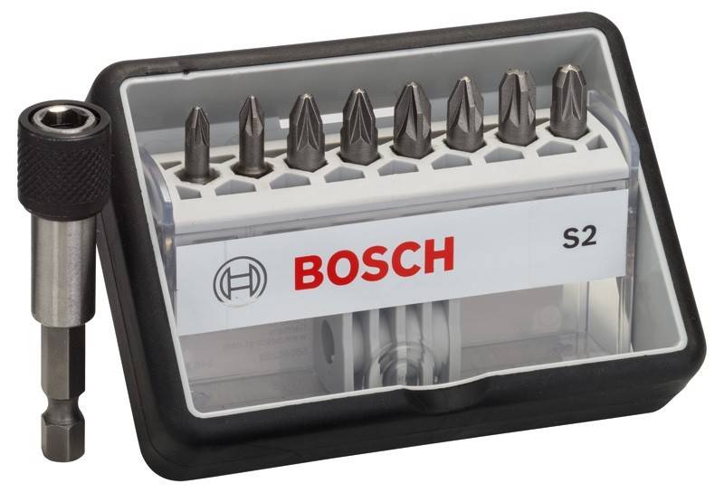 Bosch S2 Schrauberbit-Set mit acht verschiedenen Einsätzen in einem Etui, ideal für verschiedene Schraubentypen, präsentiert Marke und Vielfalt.