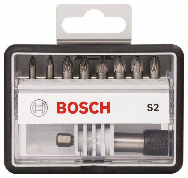 Ein Satz von acht Bosch-Schraubendreher-Bits in einer Plastikbox, mit der Aufschrift 'BOSCH' und 'S2', mit verschiedenen Bittypen, die zu sehen sind.