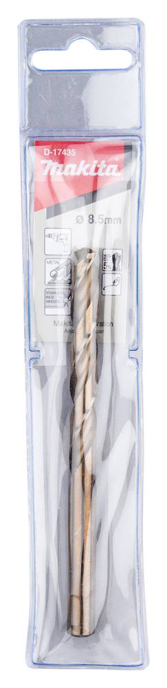 Makita-Bohrersatz in durchsichtiger Kunststoffverpackung mit zwei Metallspiralbohrerant, gekennzeichnet mit 8,5 mm.