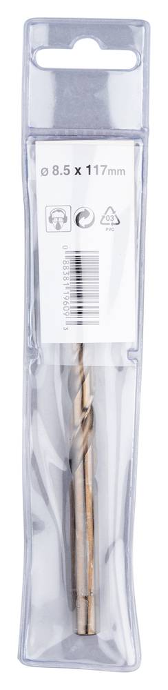 Transparente Kunststoff-Bohrerkassette mit einem goldenen Spiralbohrer, beschriftet 8,5 x 117mm mit einem Barcode.