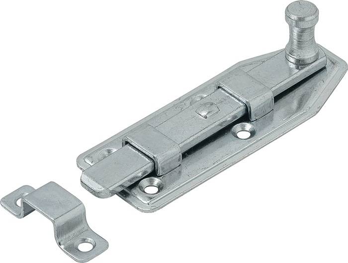 Ein Metalltürriegel mit Schiebekonstruktion, üblicherweise zur Sicherung von Türen oder Toren verwendet.