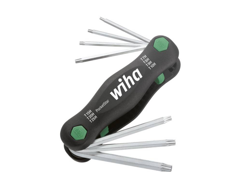 Ein klappbarer Wiha Multi-Bit-Schraubendreher mit mehreren silbernen Sechskantbits, die an beiden Enden aus einem weißen Hintergrund herausragen.