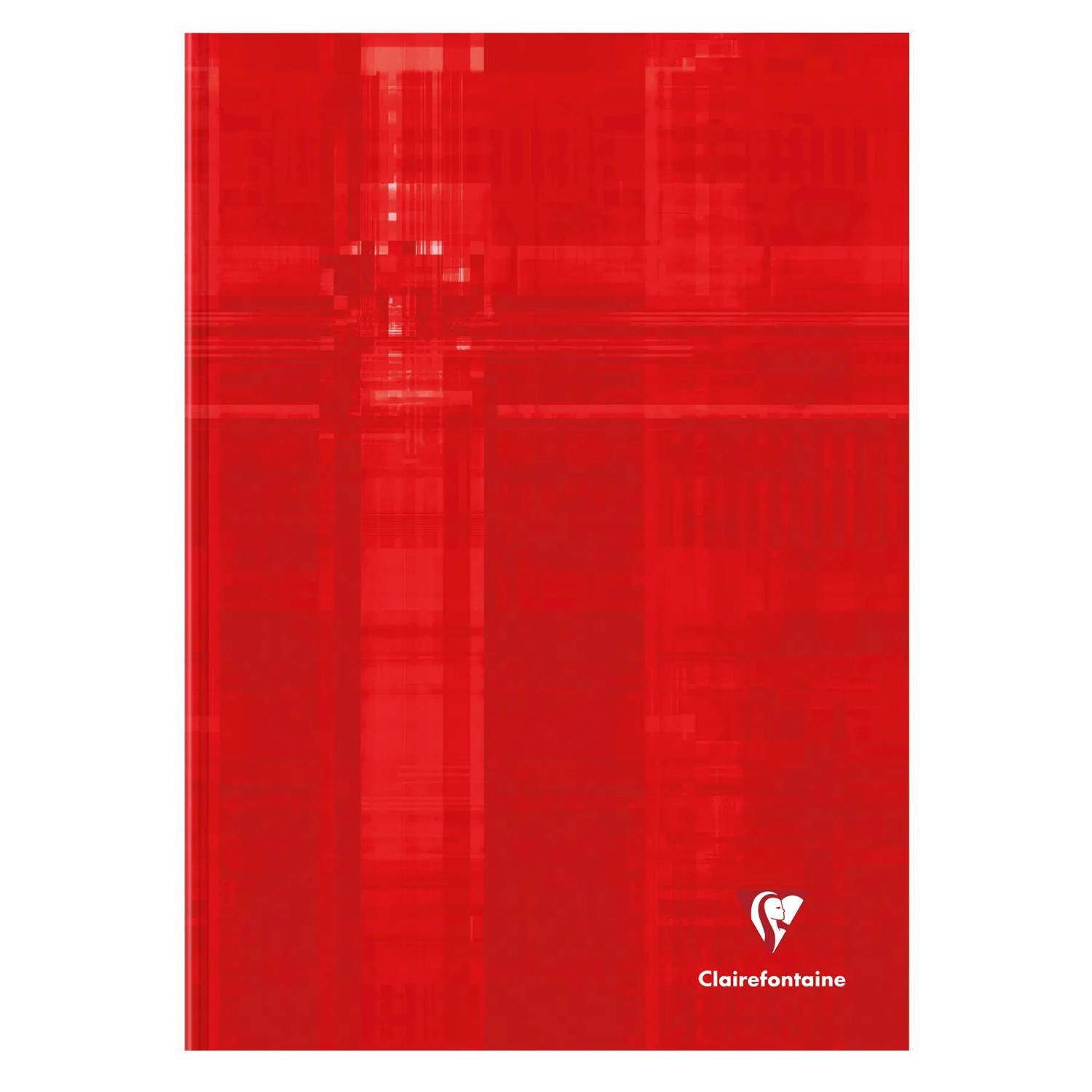 Rotes Clairefontaine-Notizbuch mit feinem abstraktem vertikalen Muster und weißem Logo in der Nähe der unteren rechten Ecke.