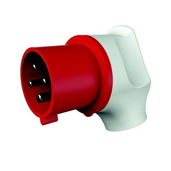 Ein rot-weißer industrieller Stromstecker mit drei zylindrischen Stiften in Schrägansicht.