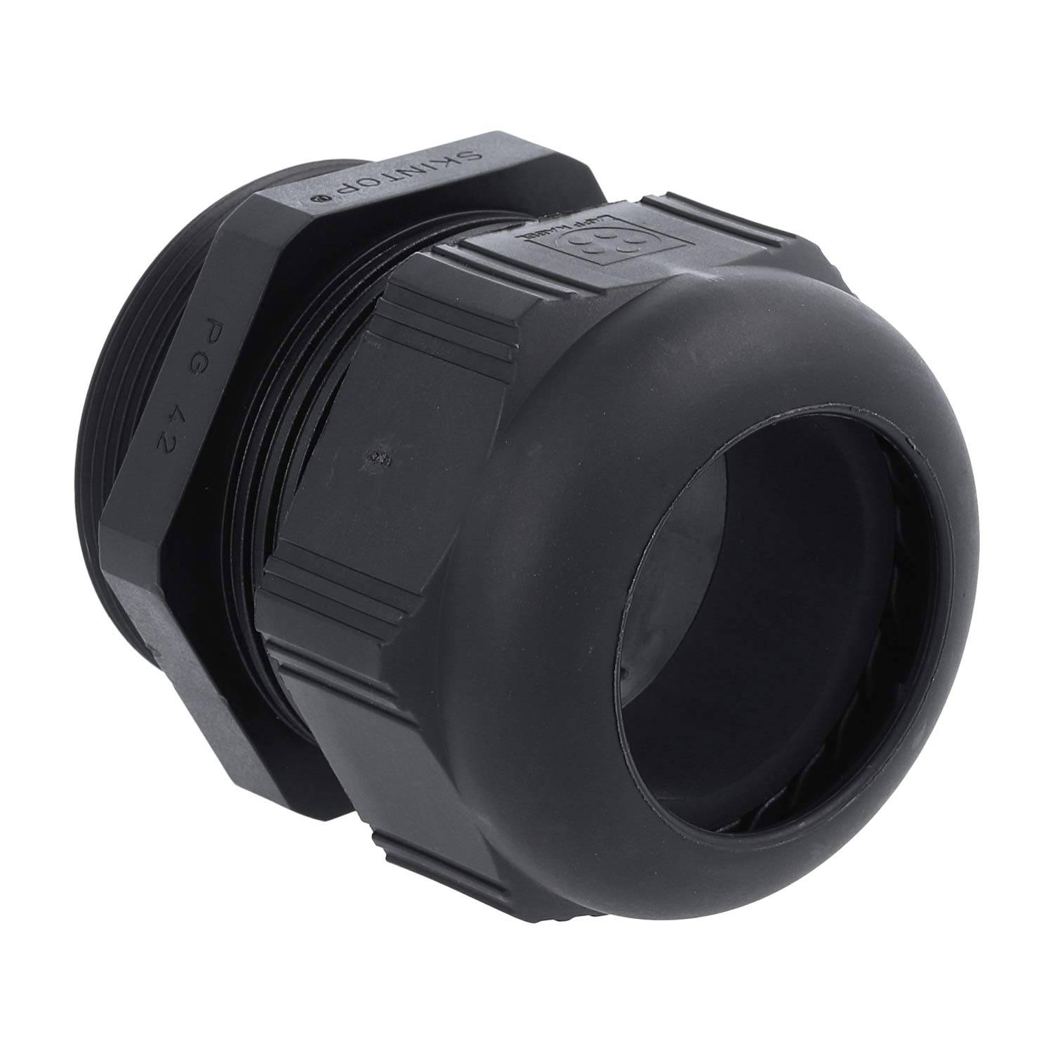 Schwarze Kunststoffkabelpackung mit geripptem Design und Gewinde an den Enden zum Sichern von Kabeln, beschriftet mit 'PG 42'.