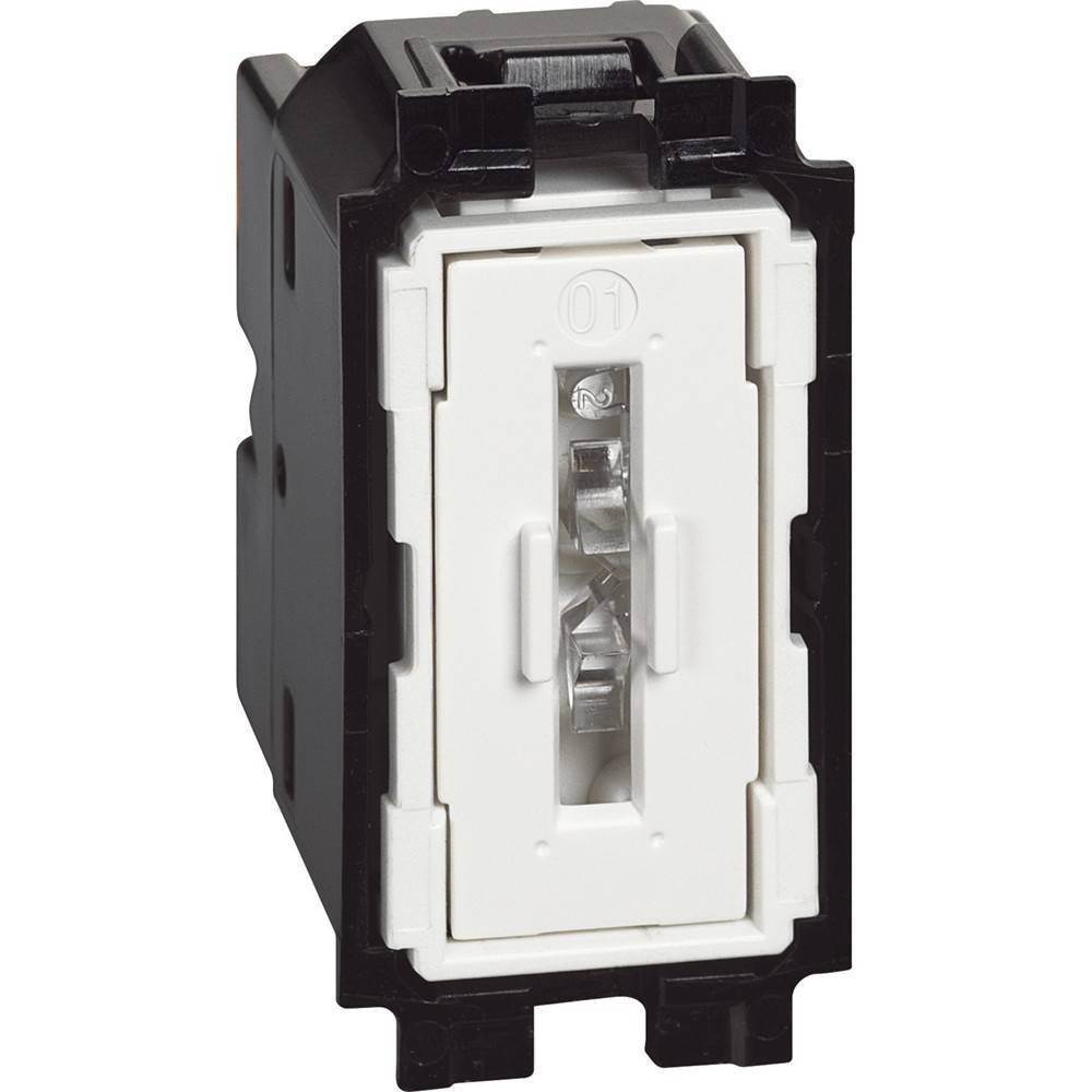 Eine Nahaufnahme eines schwarzen und weißen elektrischen Lichtschalters, der in der Ausschaltposition gezeigt wird. Der Schalter hat eine rechteckige Form und ein schlichtes Design.