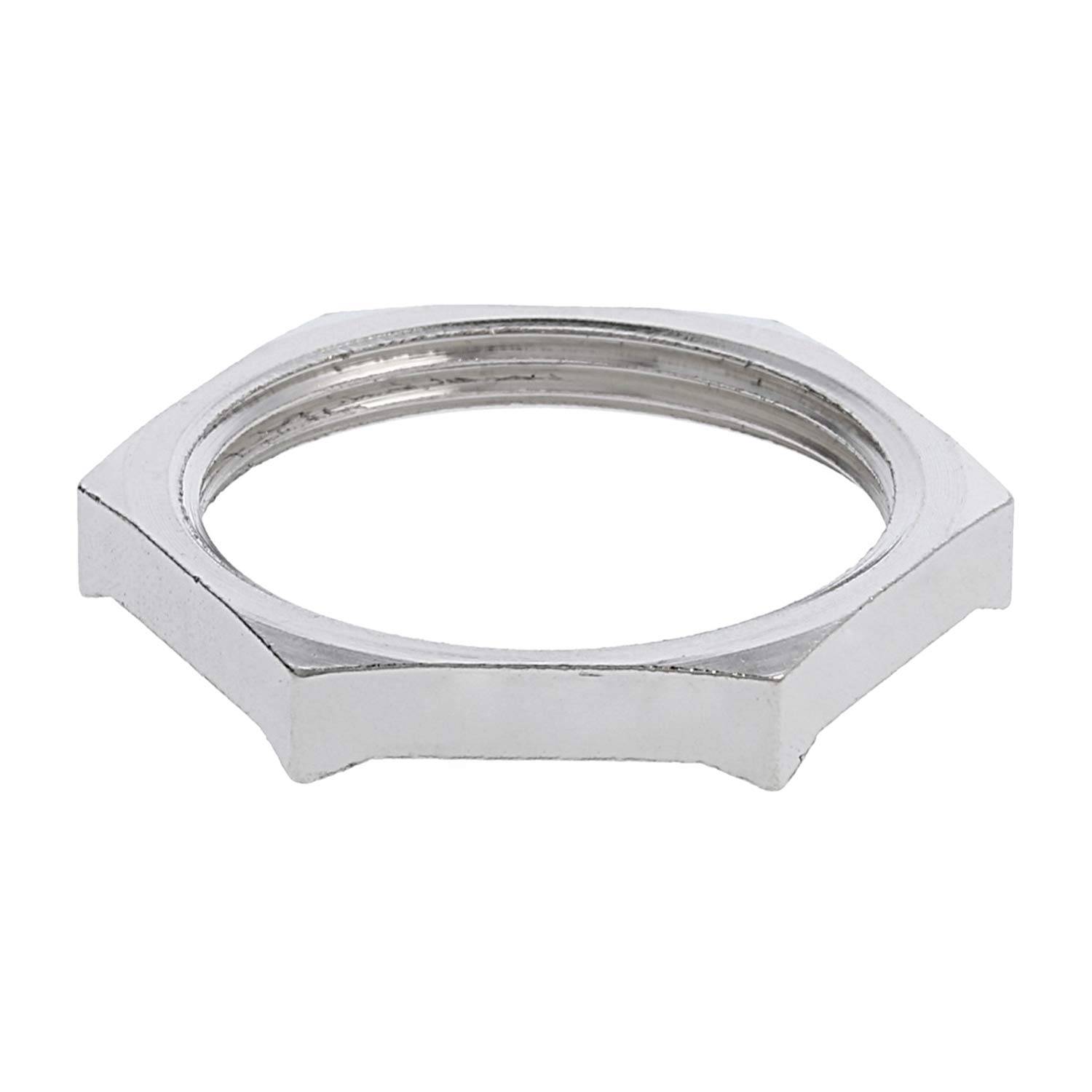 Ein sechseckiger Metallring, silberfarben, mit glatter Oberfläche und ebenen Kanten, wahrscheinlich ein mechanisches Bauteil oder Hardwareteil.