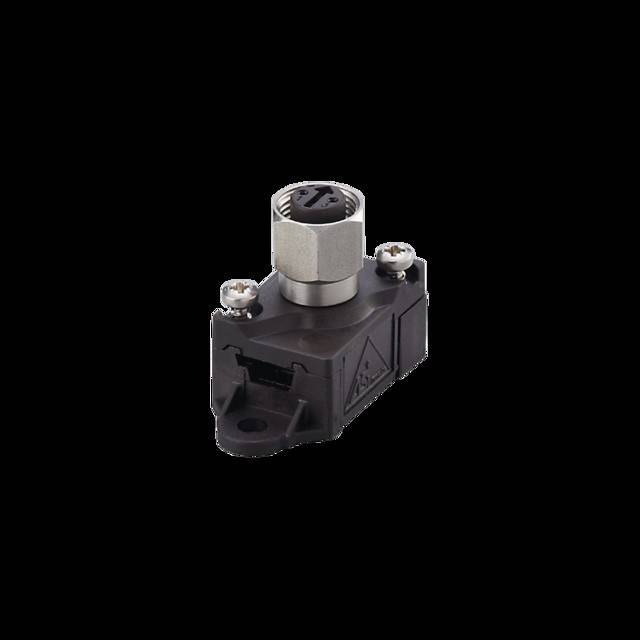 Ein kleiner schwarzer Sensor mit einer metallischen Oberseite und Schrauben ist auf einer schwarzen Basis montiert und wird zur Erfassung mechanischer Parameter in Maschinen verwendet.