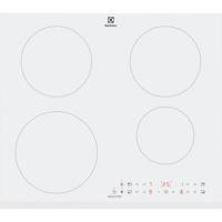 Eine weiße Induktionskochplatte mit vier kreisförmigen Kochzonen und einem digitalen Bedienfeld mit Temperatur- und Leistungseinstellungen.