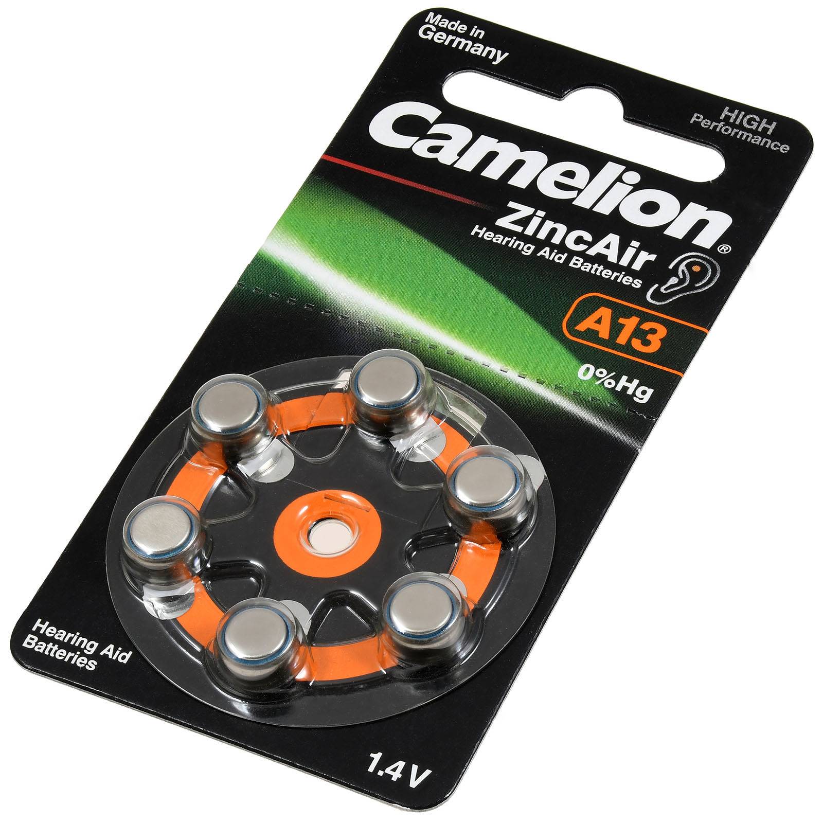 Camelion Hörgerätebatterie 13AE / A13 / DA13 / PR48 / PR754 / V13AT / ZL13 6er Blister, 1,4V, Zink-Luft