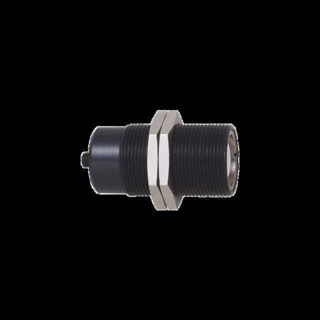 Ein schwarzer zylindrischer Sensor mit einer silbernen Sechskantmutter in der Mitte, der für industrielle oder mechanische Anwendungen verwendet wird.