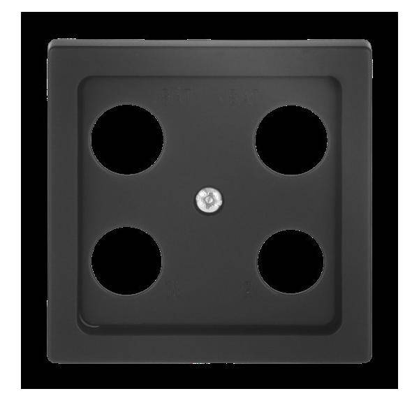 Eine schwarze quadratische Platte mit vier runden Ausschnitten und einem zentralen Schraubenloch, höchstwahrscheinlich eine Abdeckung für elektrische oder mechanische Installationen.