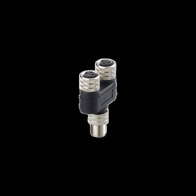 Ein T-förmiger Metallanschluss mit zwei Buchsen und einem Stecker, der typischerweise für elektrische oder Datenanwendungen verwendet wird.