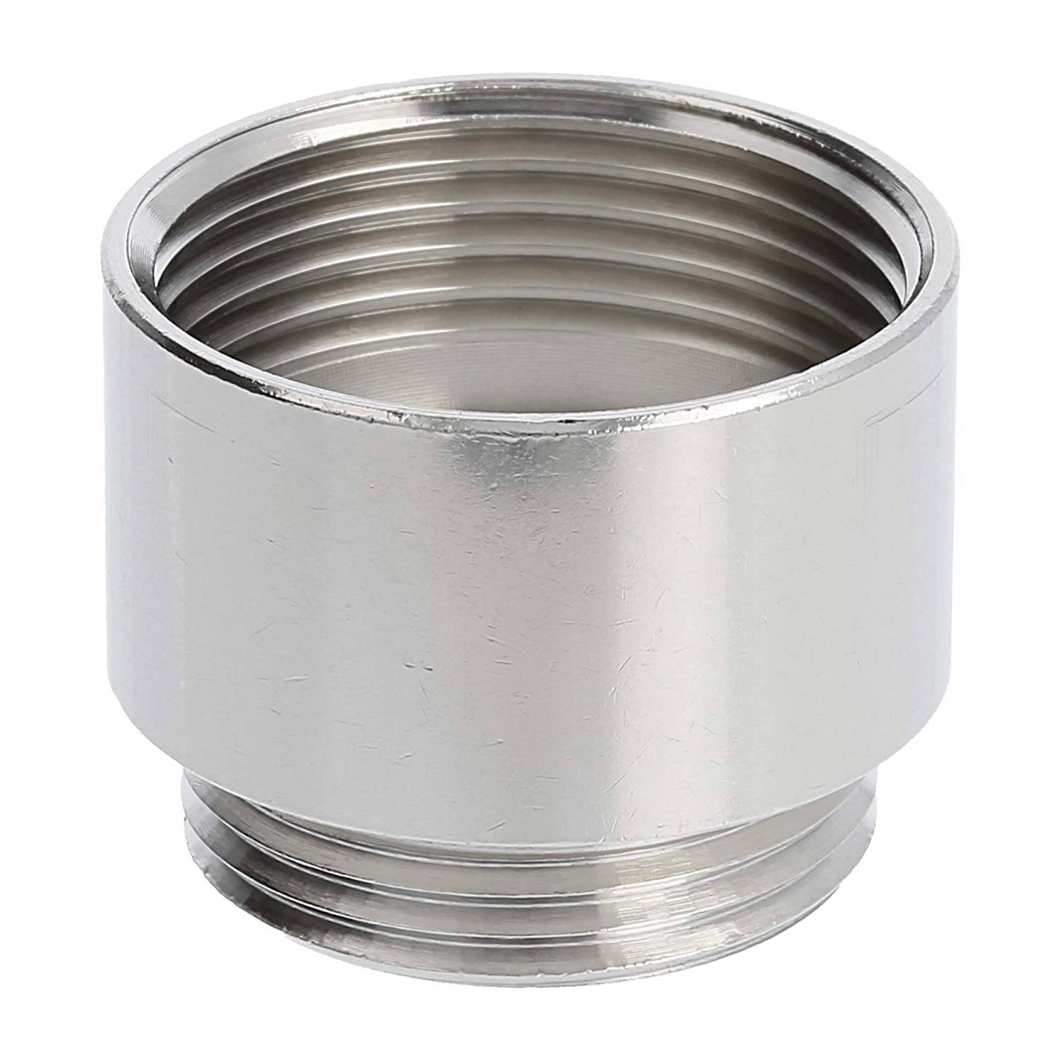 Ein silberner metallischer Rohrverschraubung mit Gewinde, zylindrisch geformt, geeignet zum Verbinden von zwei Rohren in Sanitäranwendungen.