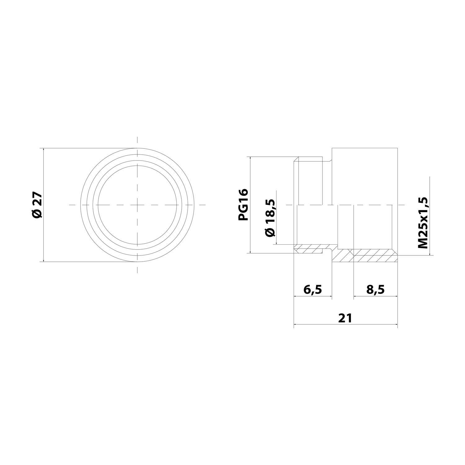 Technische Zeichnung eines zylindrischen Objekts mit Abmessungen: 27 mm Durchmesser, Länge 21 mm, mit zwei markierten Maßen 6,5 mm und 8,5 mm.