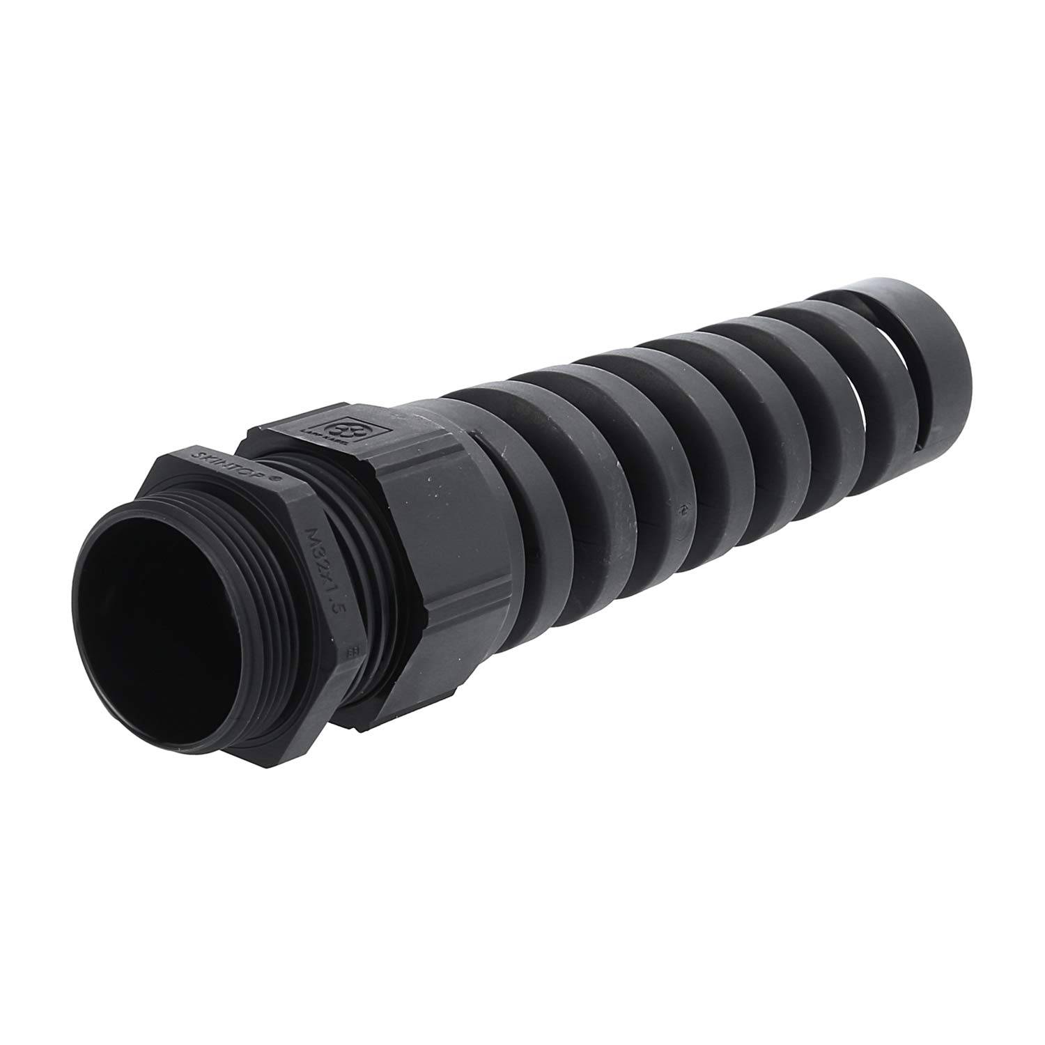 Ein schwarzer, gewickelter Leitungsverbinder mit einer Gewindeöffnung, der zum Sichern von Drähten oder Kabeln verwendet wird und sein geripptes und flexibles Design präsentiert.