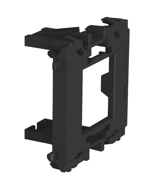 Ein schwarzer, rechteckiger Halter für elektronische Bauteile mit zentralem Ausschnitt; konzipiert zum sicheren Befestigen von Strommodulen.
